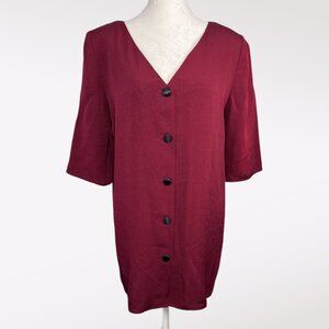 Vintage 80s Maroon Button Up Tunic Top Rayon Size 8